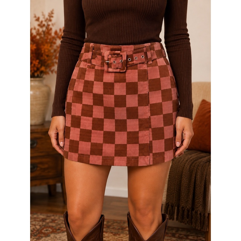 L 146 Wild Fable Pink Brown Checkerboard Corduroy Mini Skirt Belted Y2K Mod Fall